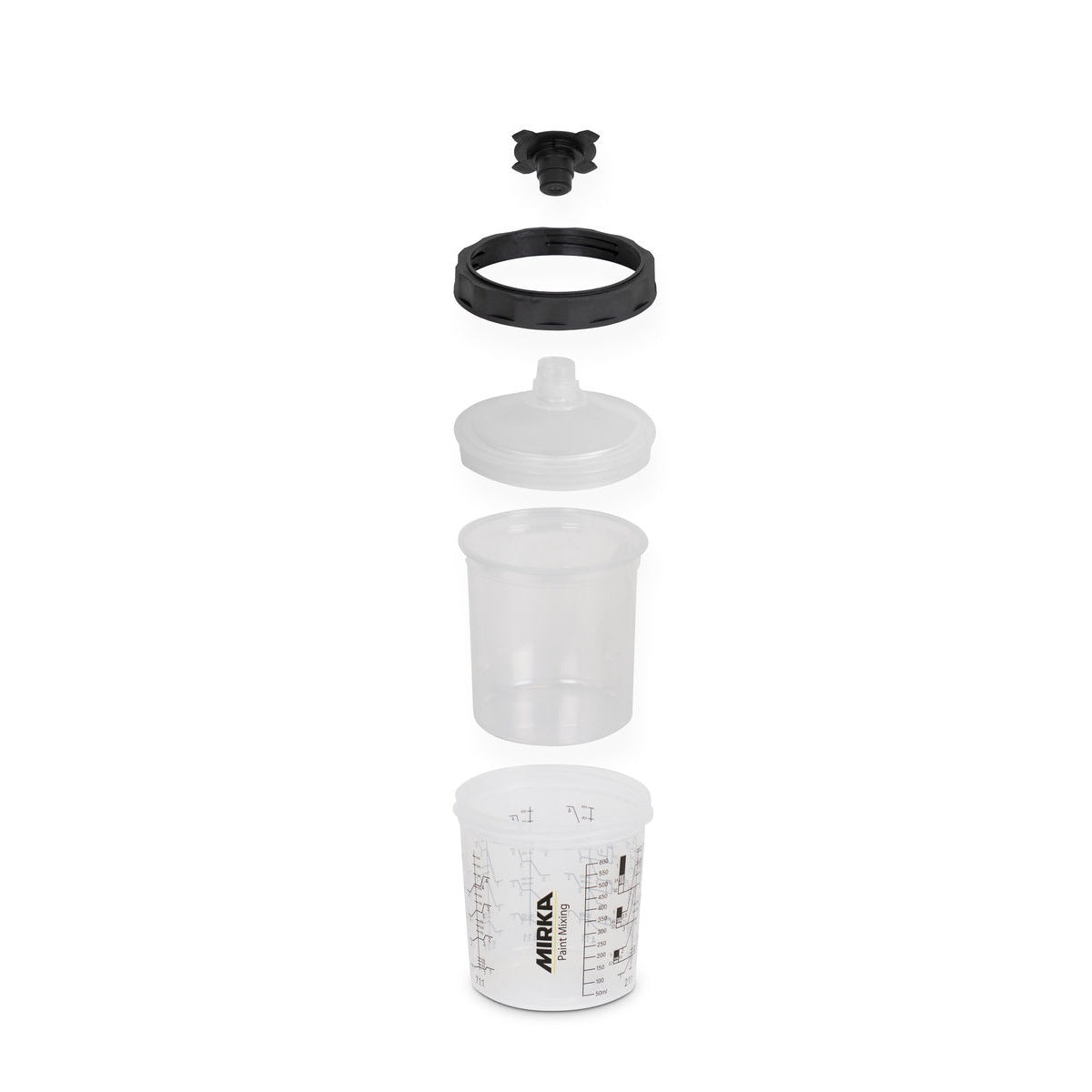 Mirka paint cup system parts shown vertically with stopper, collar, filter lid, liner and outer cup