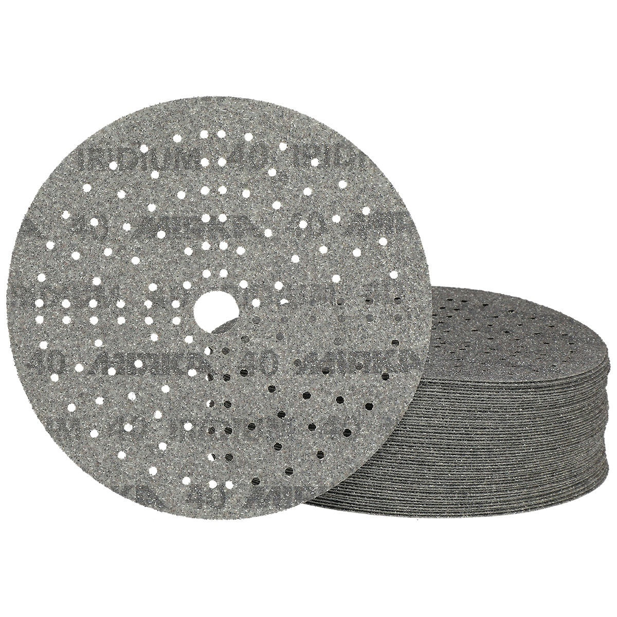Mirka Iridium 8-in. 40 grit sanding discs stacked with one disc upright