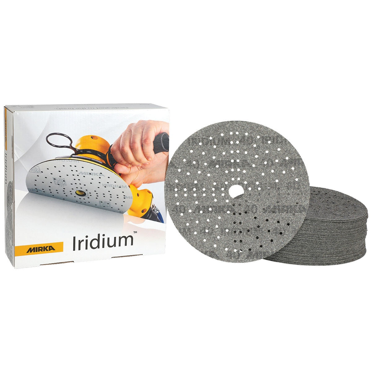 Mirka Iridium 8-in. 40 grit grip sanding discs with product box