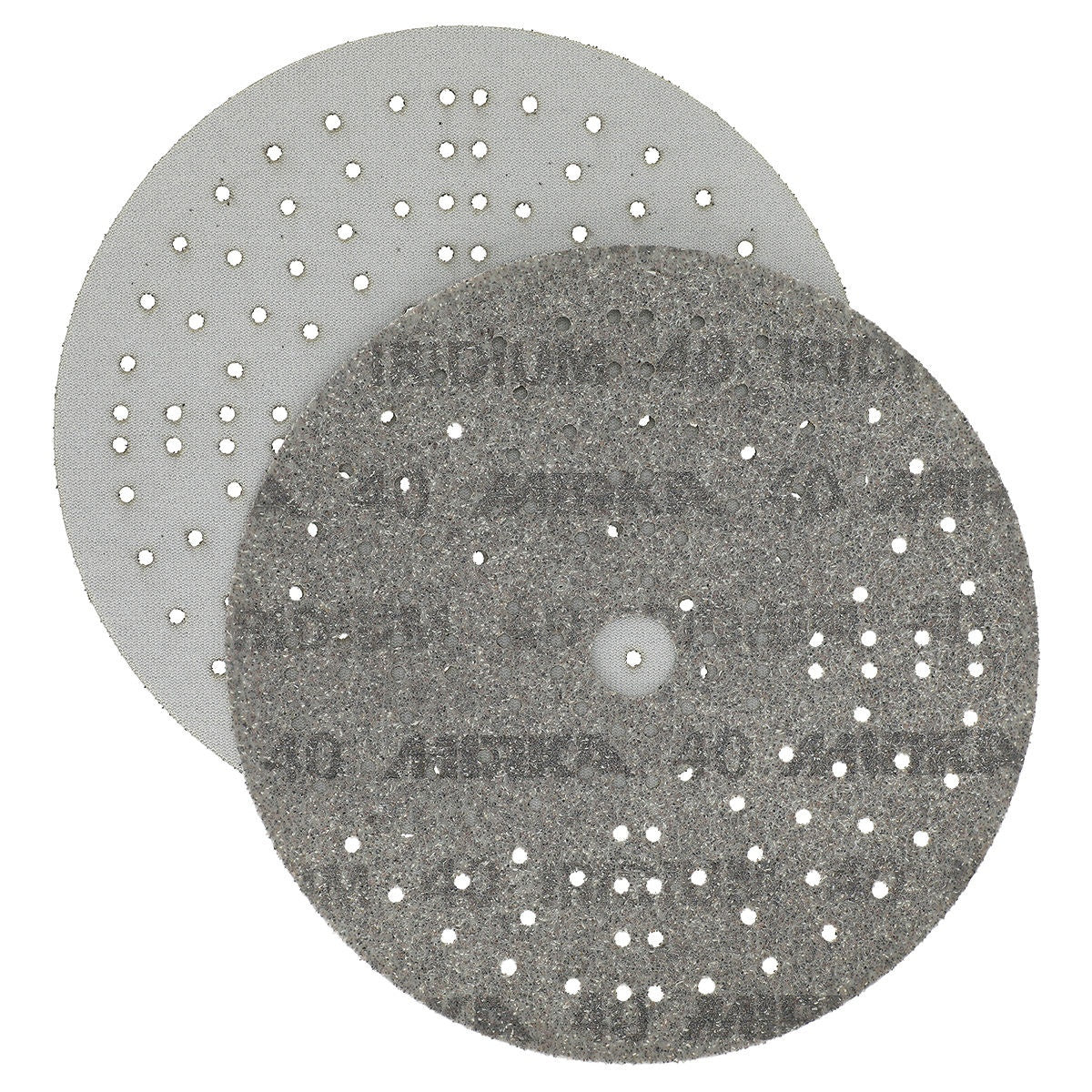 Front and back view of Mirka Iridium 8-in. grip sanding disc
