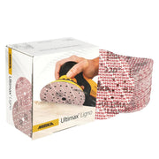 Mirka Ultimax Ligno 6-in. hook and loop sanding discs with retail box and stack of discs