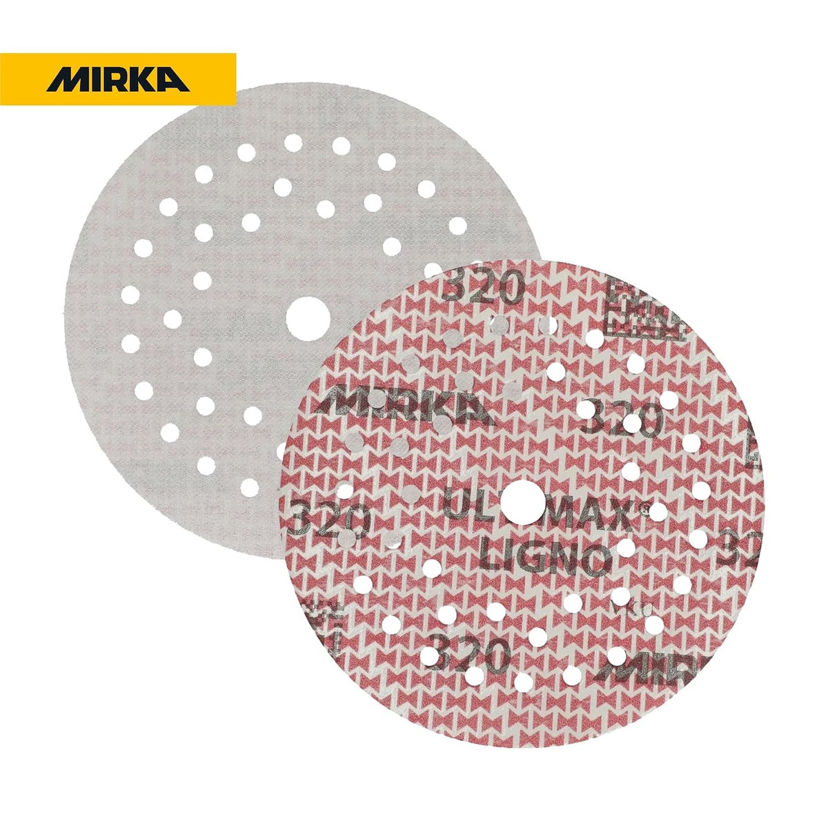 Front and back view of Mirka Ultimax Ligno 6-in. multifit sanding disc with dust holes