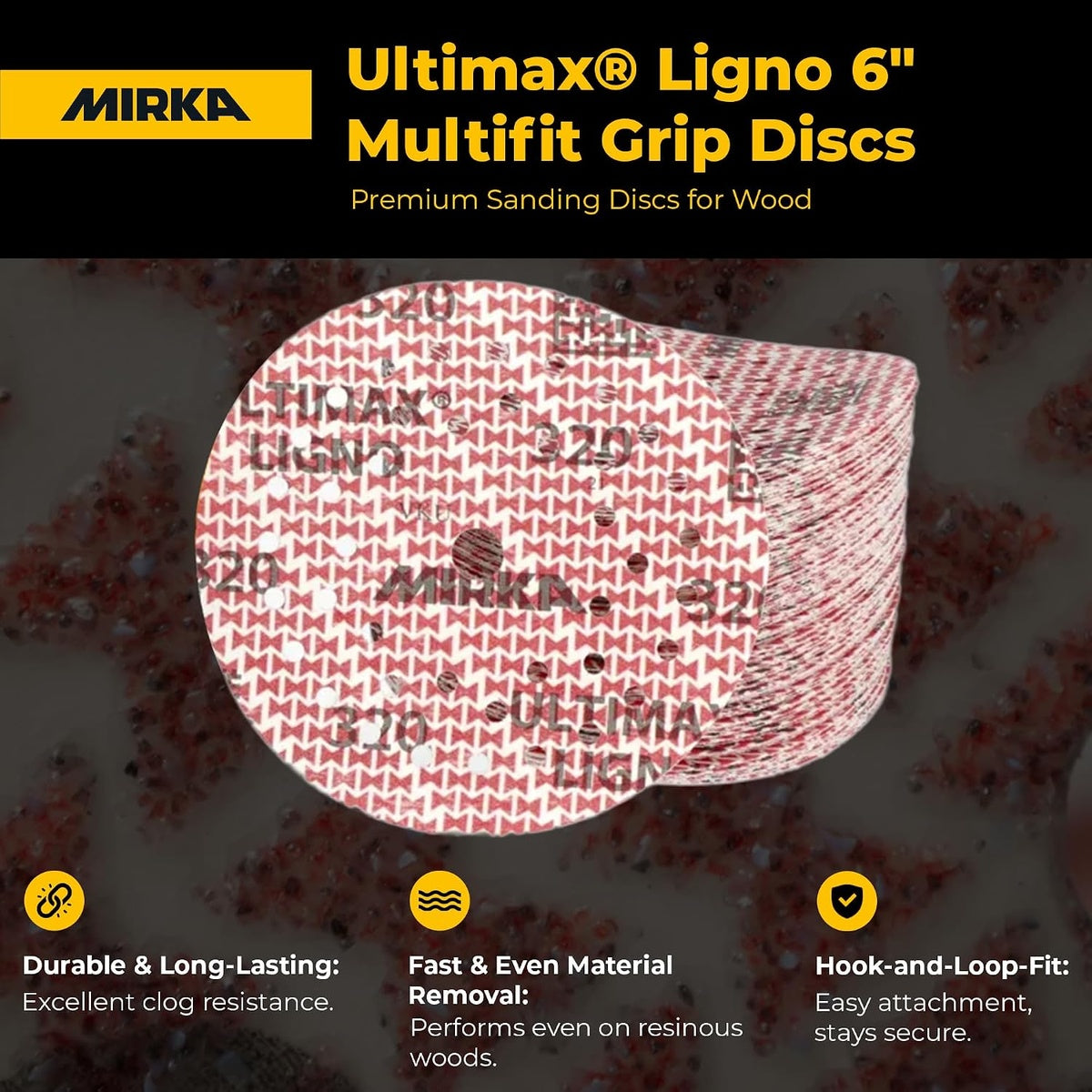 Mirka Ultimax Ligno 6-in. multifit grip sanding discs for wood with durability and hook-and-loop feature callouts