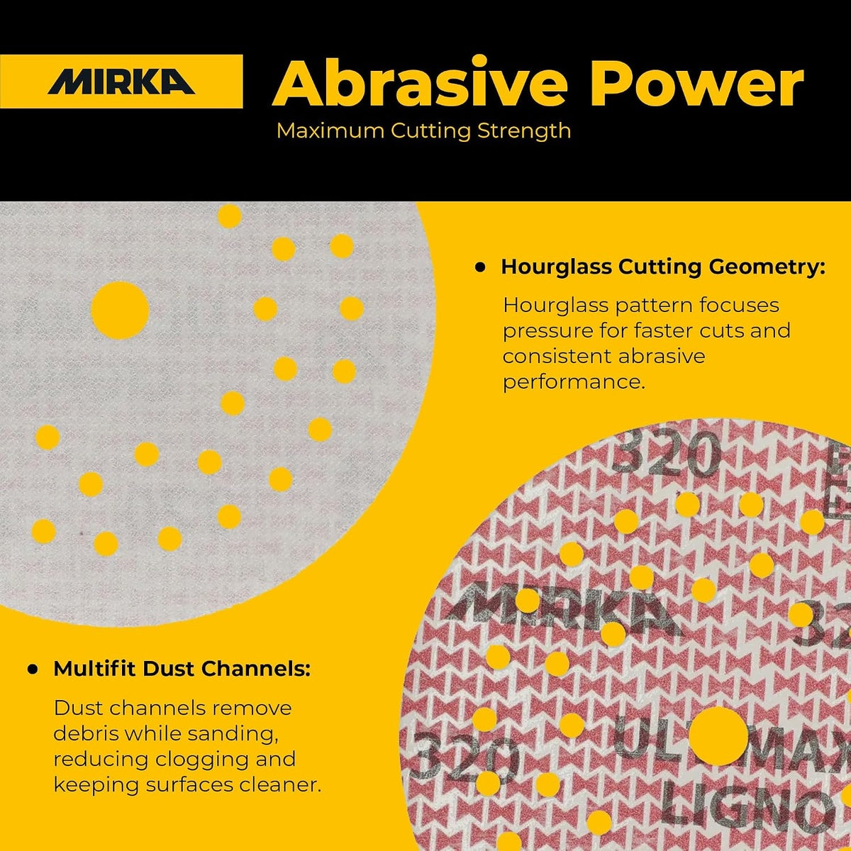 Close-up infographic of Mirka Ultimax Ligno sanding disc showing abrasive pattern and multifit dust channels