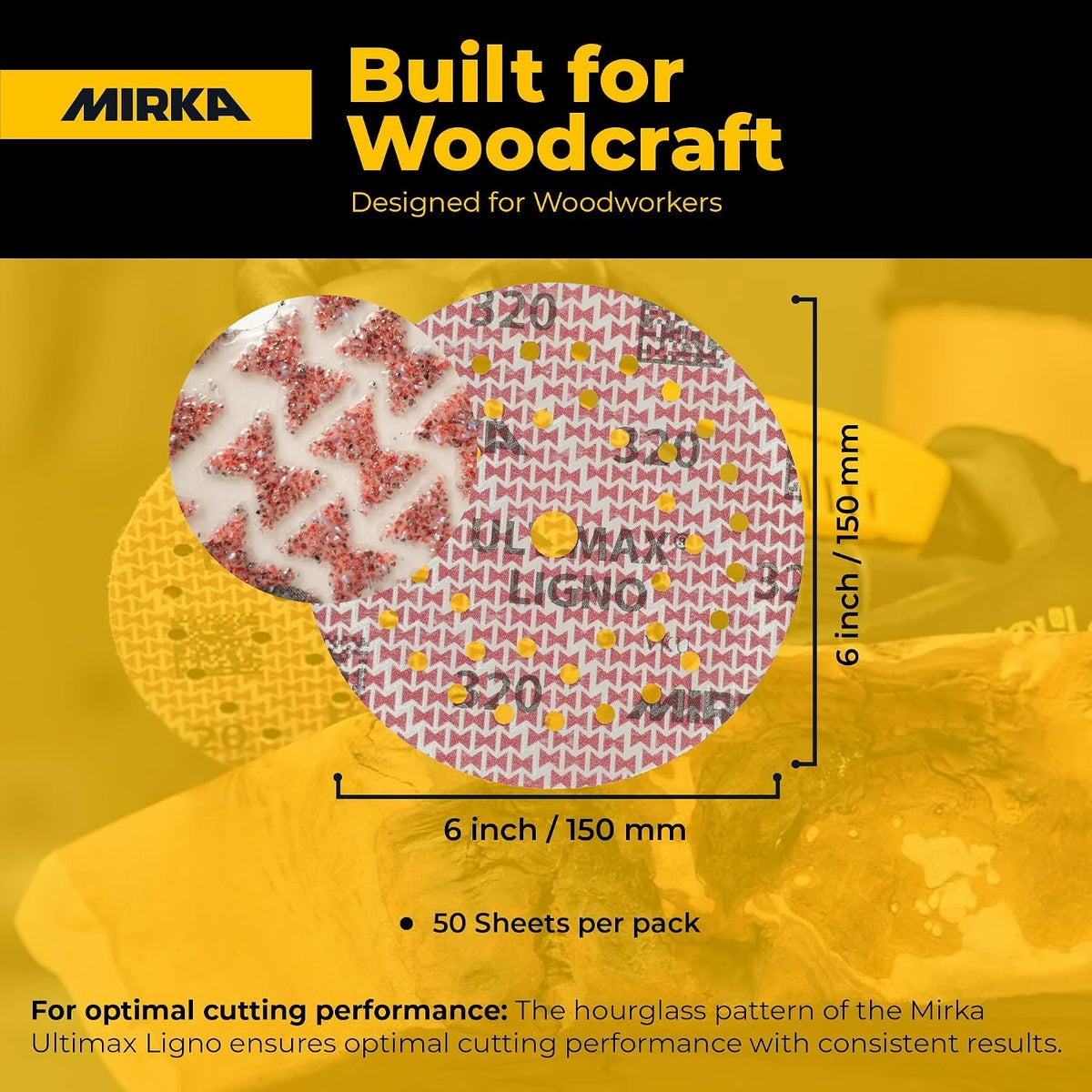 Mirka Ultimax Ligno 6-in. sanding disc infographic with 150 mm size and 50 sheets per pack