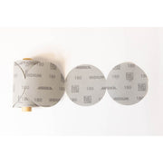 Mirka Iridium PSA sanding discs shown in roll and individual 6-in. disc format