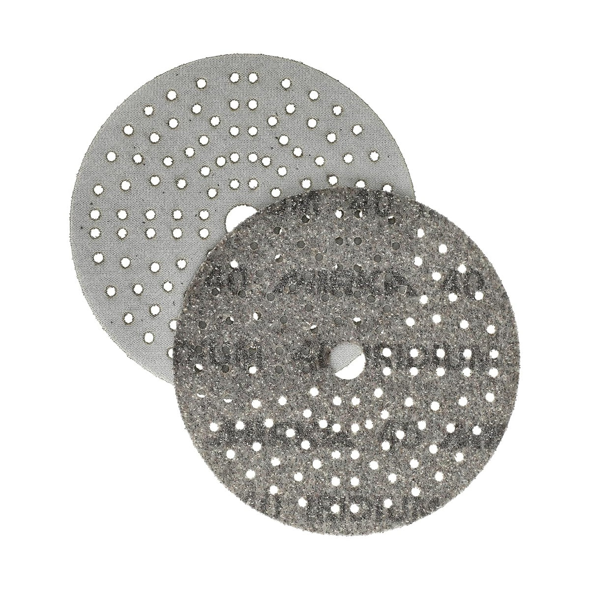 Front and back view of Mirka Iridium 6-in. multihole hook and loop sanding disc