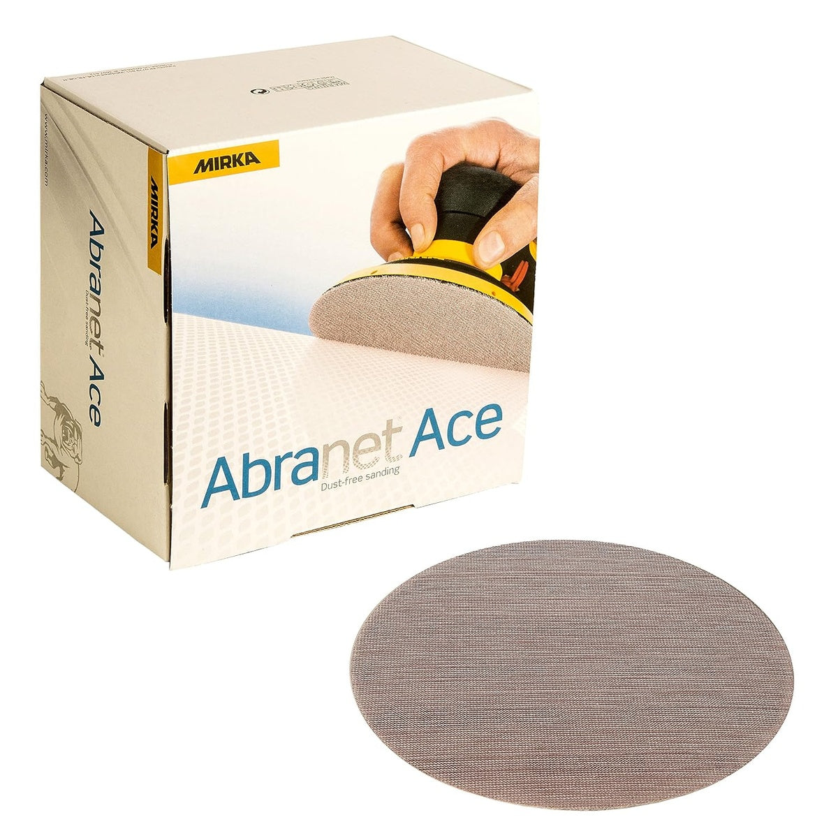 Mirka Abranet Ace 5-in. P180 ceramic mesh grip sanding discs, 50-pack box with one disc shown