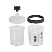 Mirka paint cup system components including filter lid, stopper, retaining ring, liner, and rigid outer cup