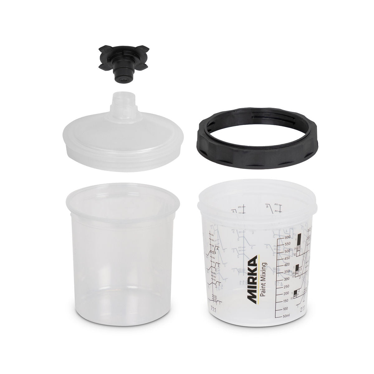 Mirka paint cup system components including filter lid, stopper, retaining ring, liner, and rigid outer cup
