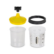 Mirka paint cup system components with 190 micron filter lid, liner, hard cup, collar, and stopper