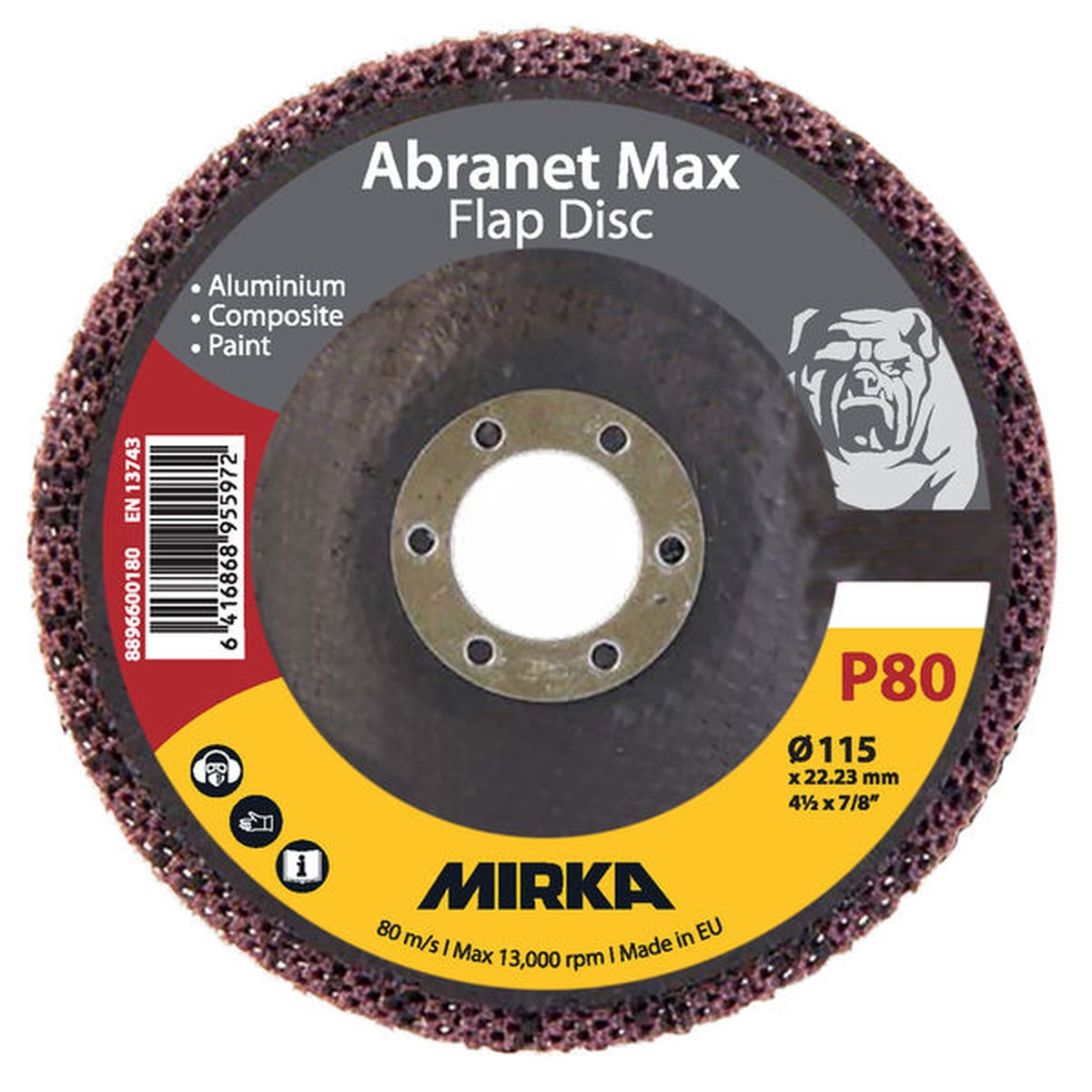 Mirka Abranet Max flap disc P80, 4-1/2-in. 115 mm T29 ALOX abrasive disc front view