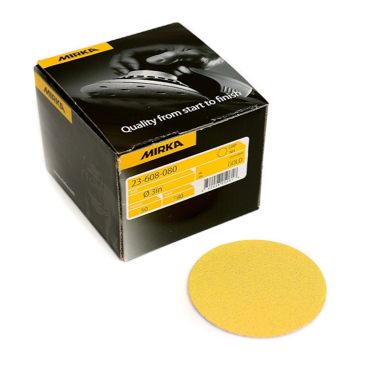 Mirka Bulldog Gold 3-in. hook and loop sanding disc box with single round sanding disc