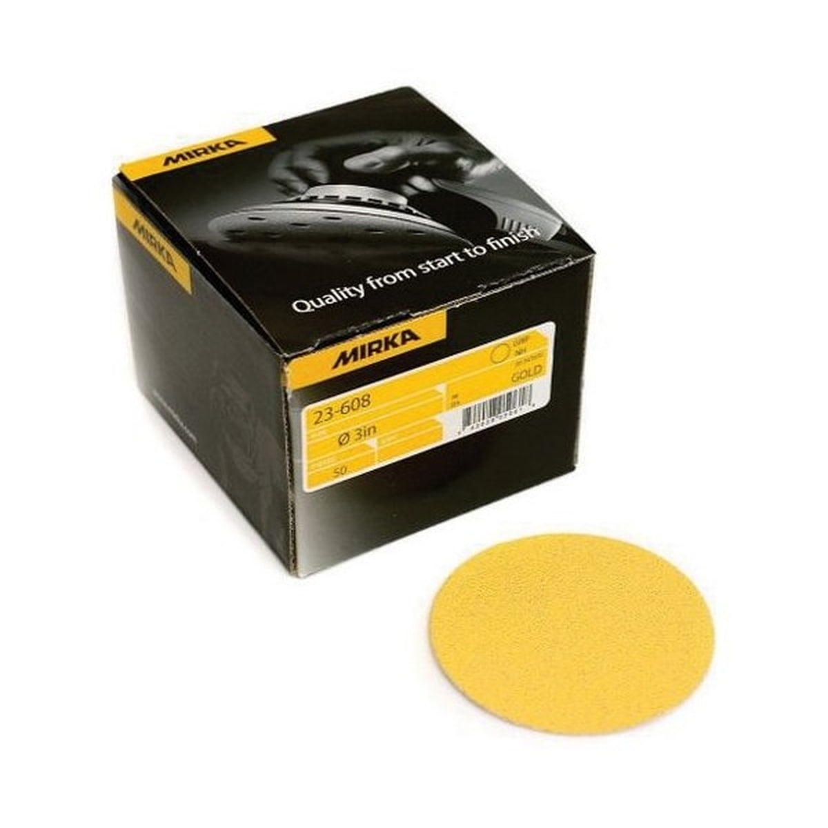 Mirka Gold 3-in. P800 aluminum oxide hook and loop sanding discs, 50-pack box with one sanding disc shown