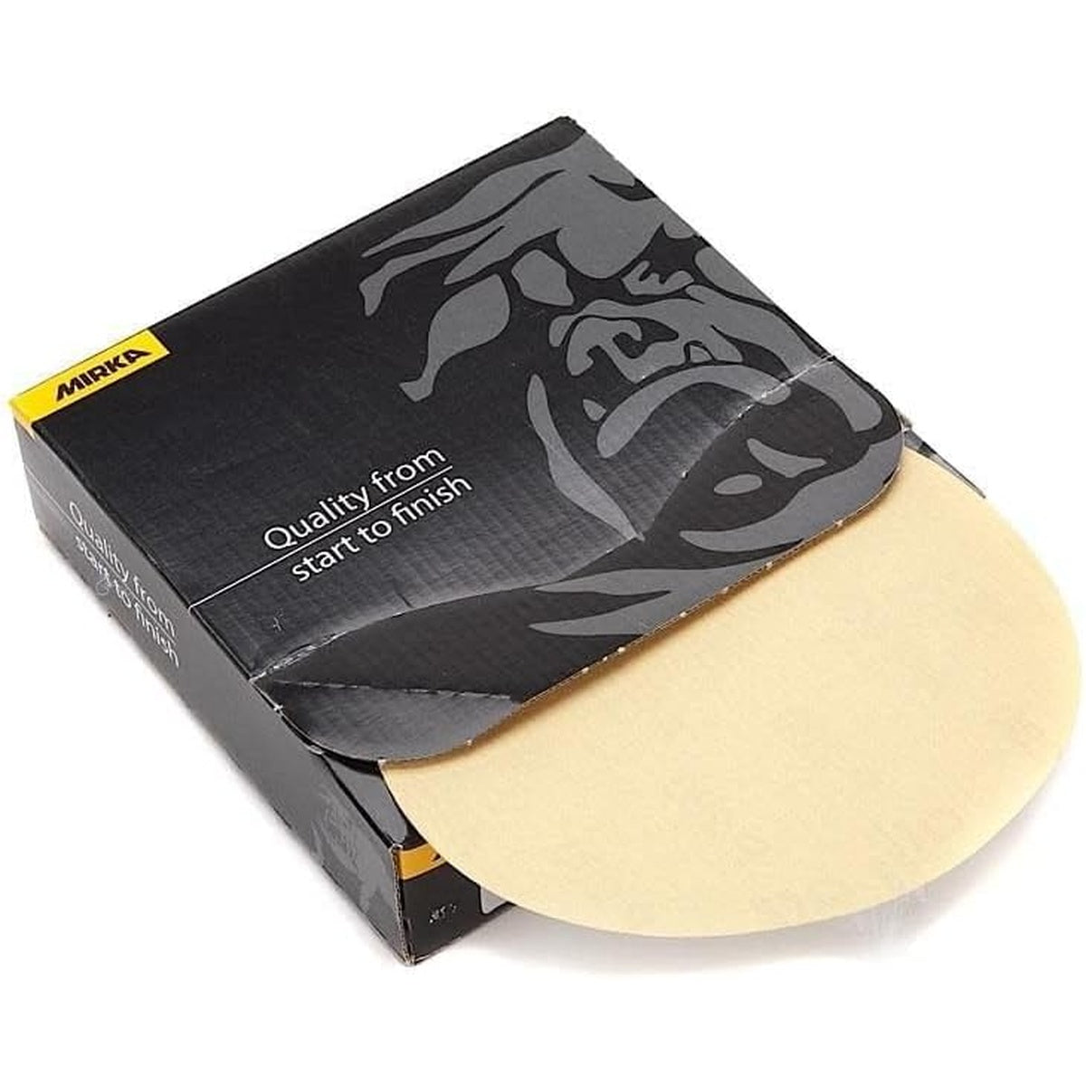 Mirka box of 6-in. adhesive sanding discs with one disc partially exposed