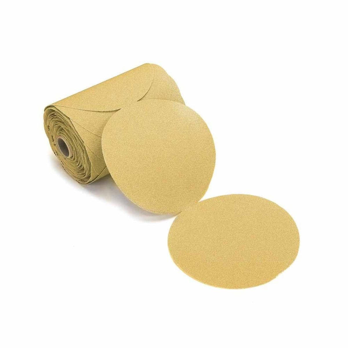 Roll of Mirka Gold 6-inch PSA sanding discs in 120 grit with sticky back adhesive