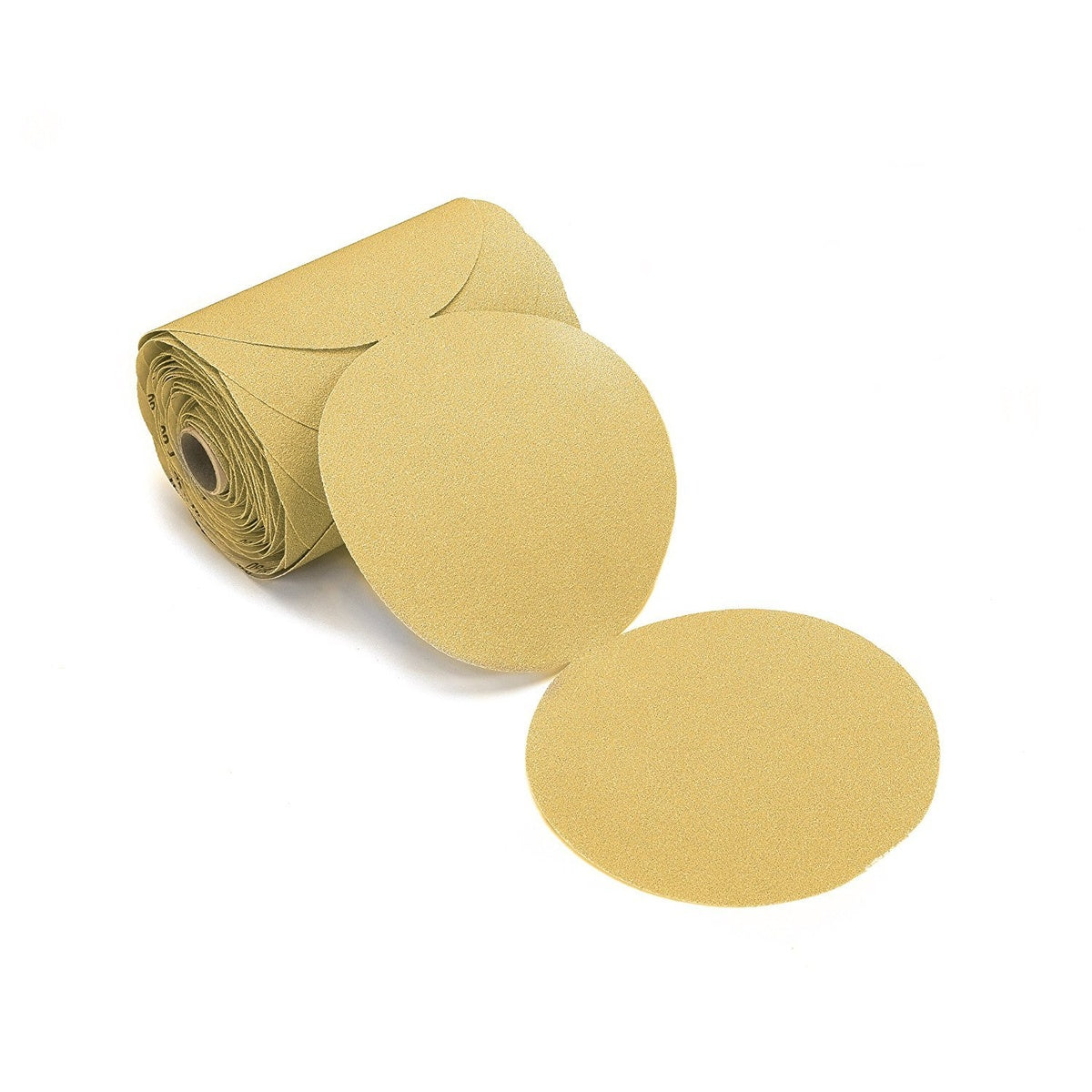 Roll of Mirka Gold 6-inch 150 grit PSA sticky back sanding discs with two loose discs shown