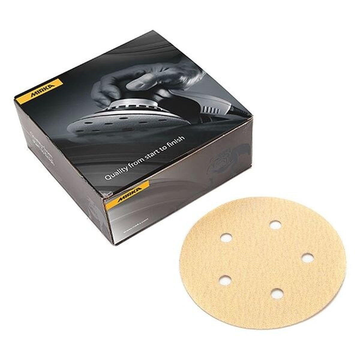 Mirka Bulldog Gold 5-in. 5-hole P100 PSA sanding disc pack with one gold abrasive disc shown