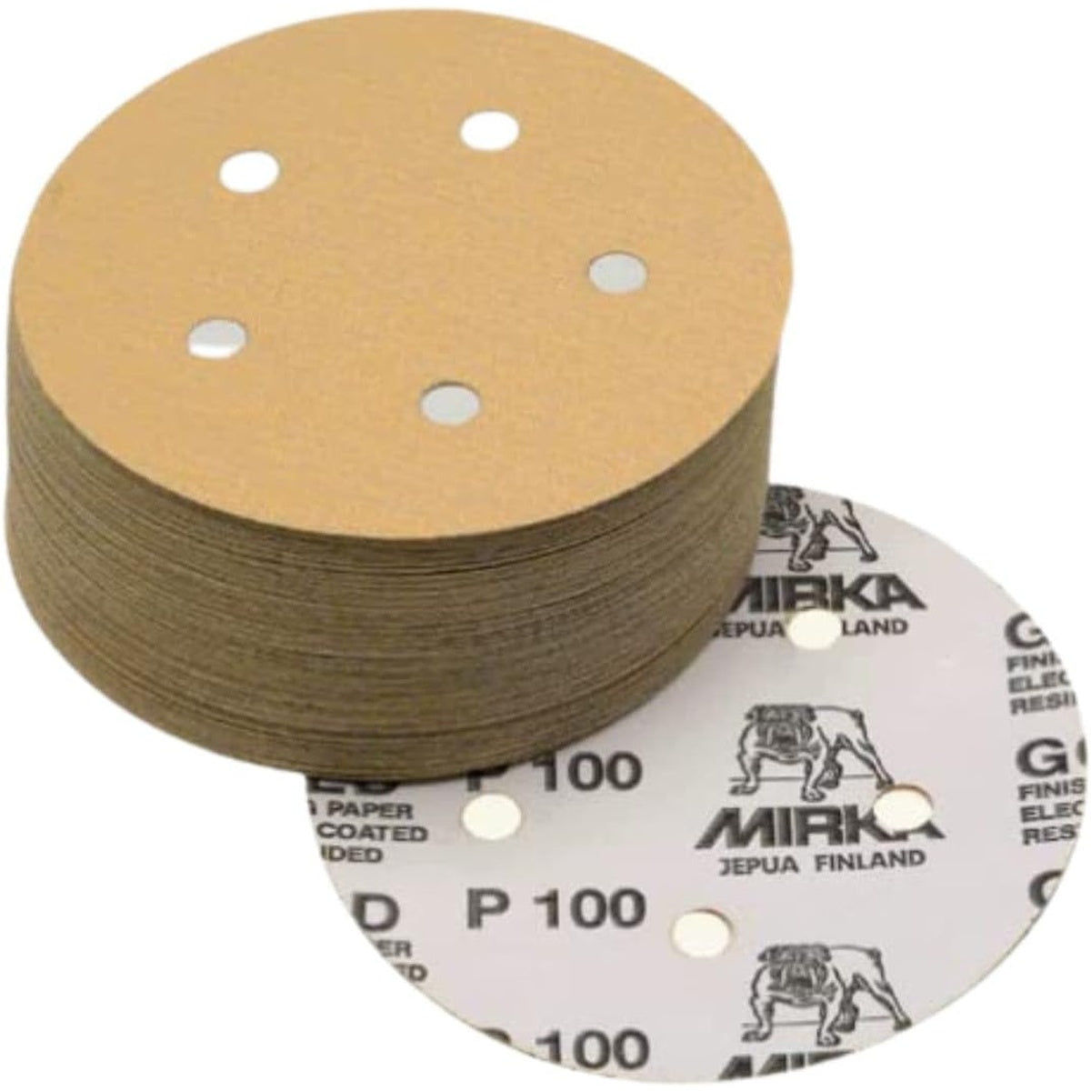 Mirka 5-hole PSA sanding disc stack with one disc flipped to show backing