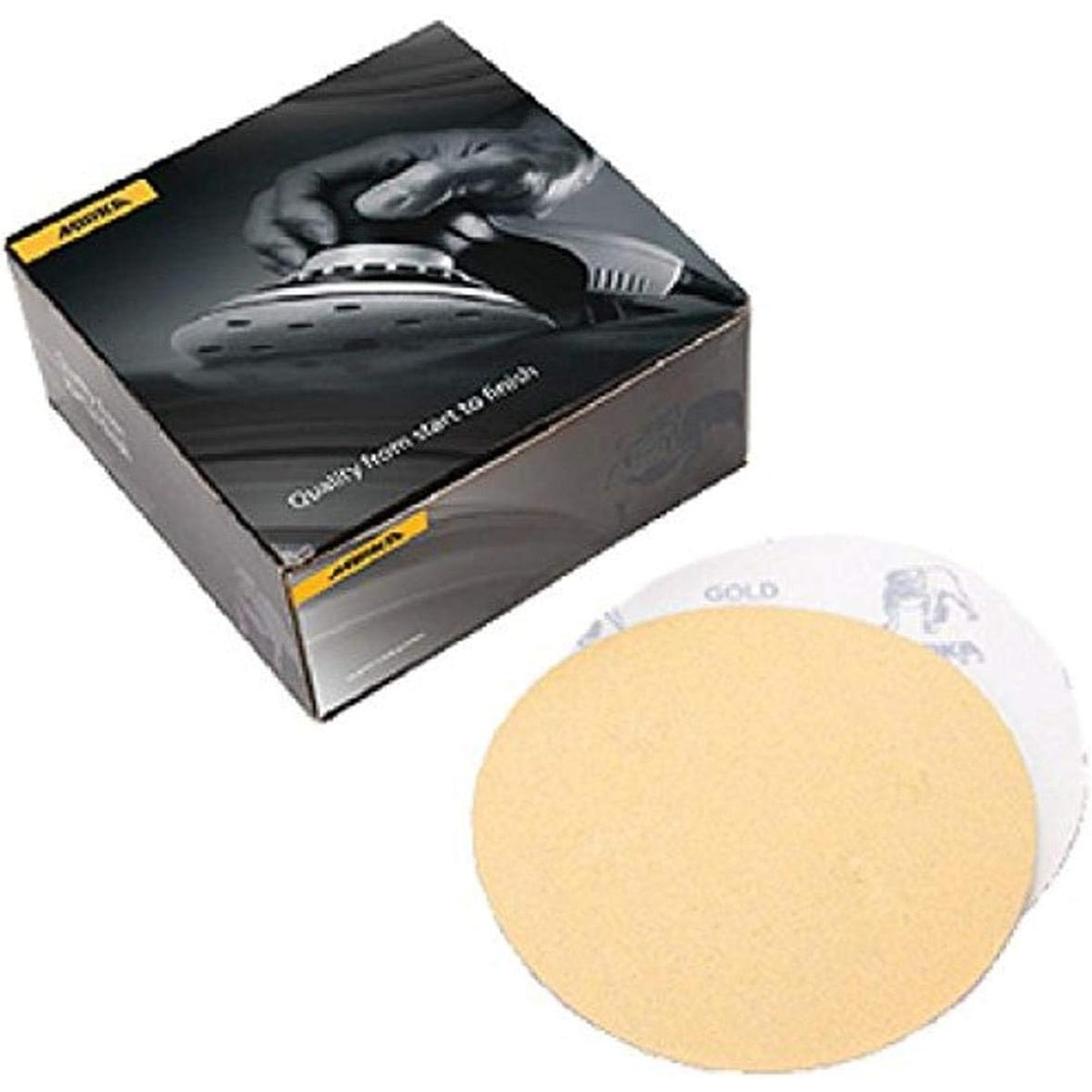 Mirka Gold 5-in. 400 grit PSA sanding discs no holes with product box