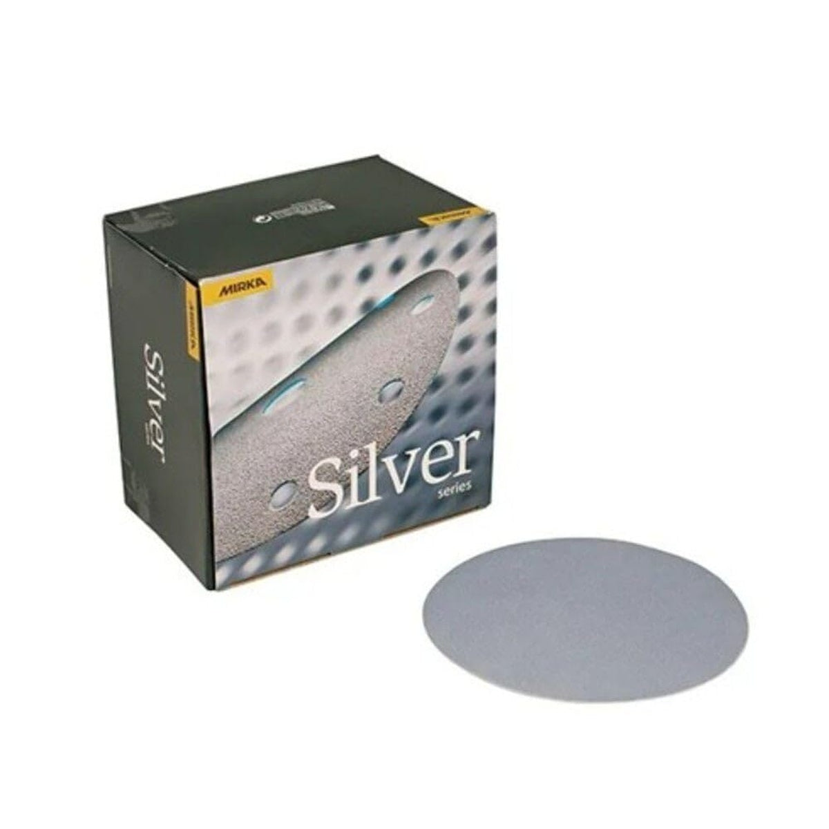 Mirka Q.Silver 5-in. 120 grit PSA sanding disc 100-pack box with single disc