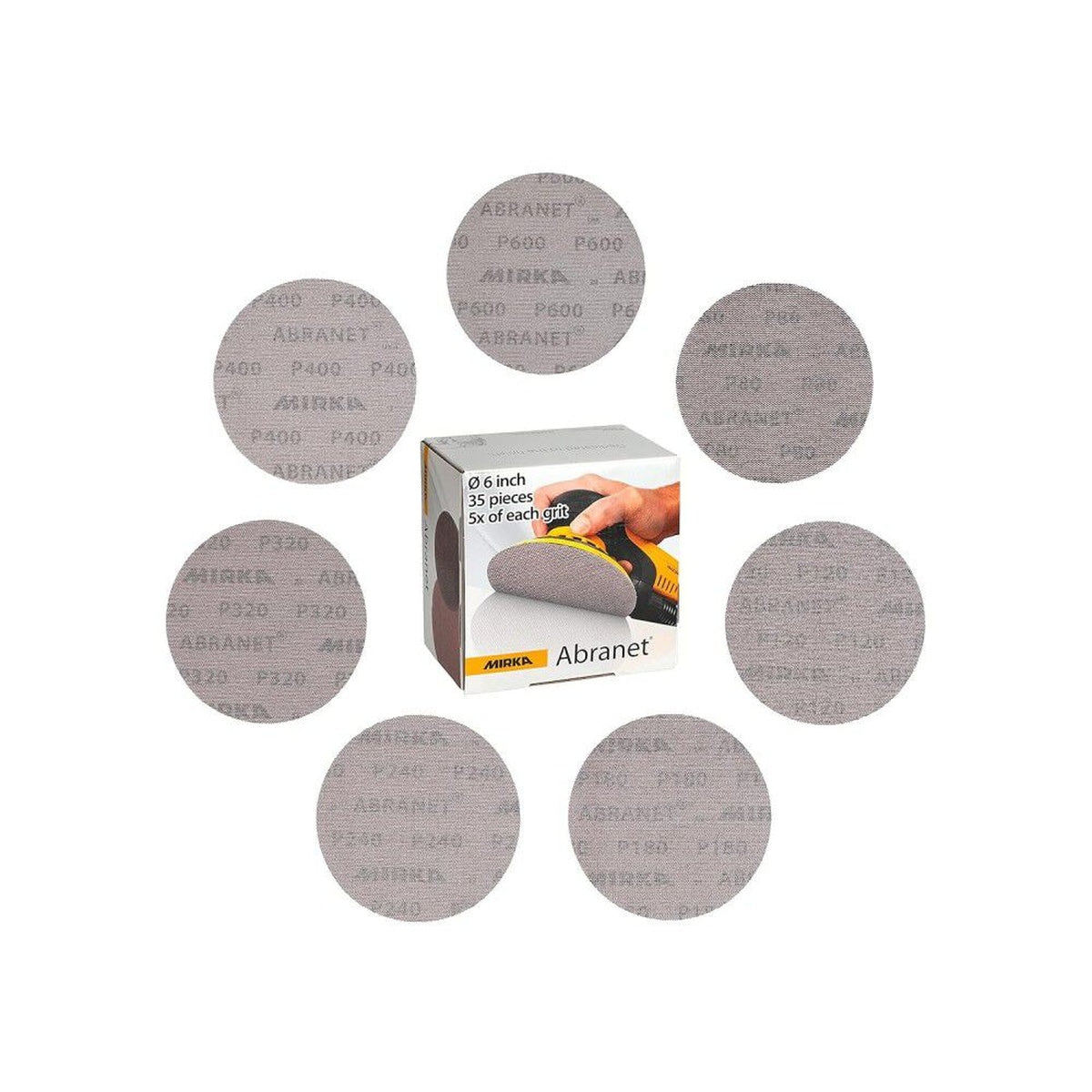 Mirka Abranet 6-in. assorted mesh sanding discs, 35-piece pack with 80-600 grit discs