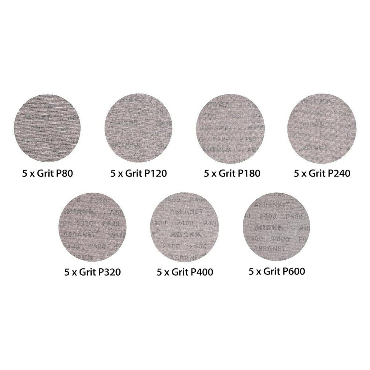 Mirka Abranet 6-in. sanding disc assortment showing 5 discs each of P80, P120, P180, P240, P320, P400, and P600