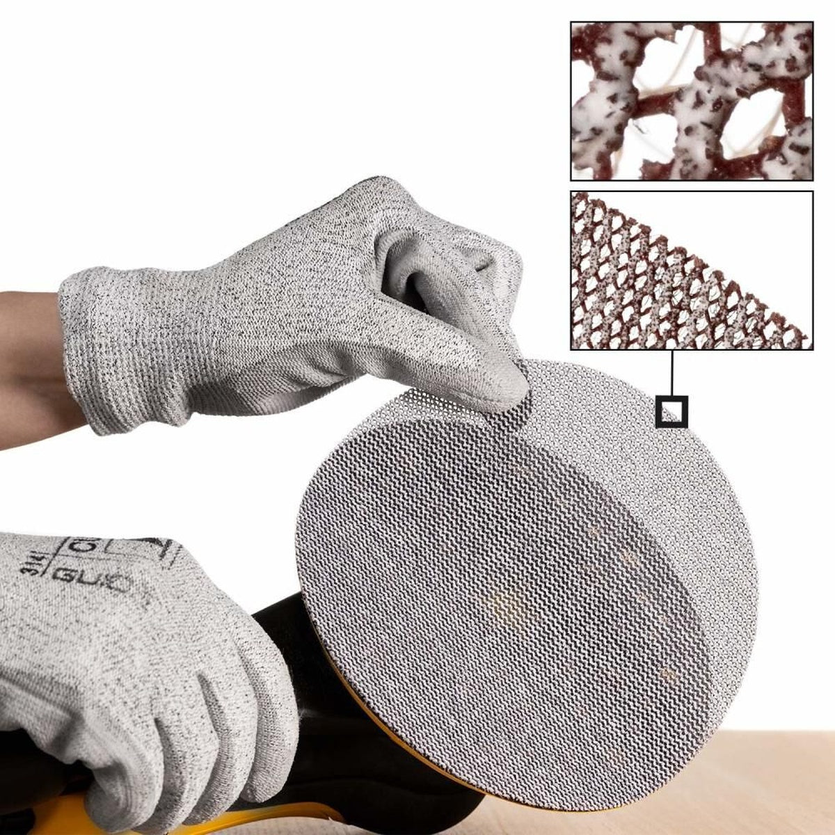 Close-up of Mirka Abranet mesh sanding disc showing open net structure and hook-and-loop use
