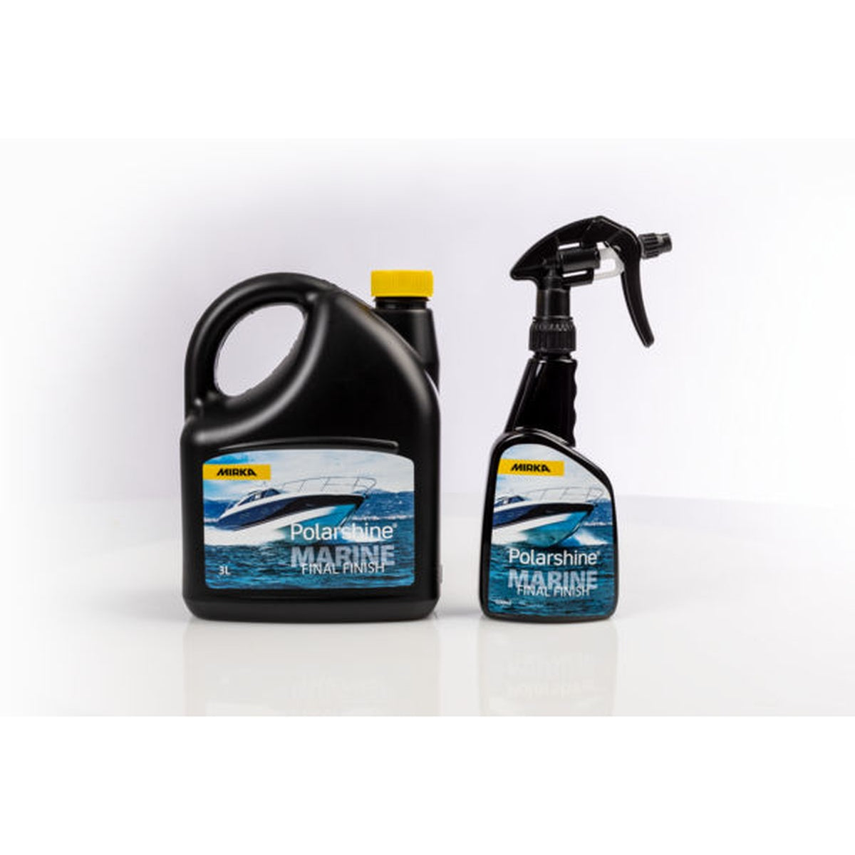 Mirka Polarshine Marine Final Finish marine cleaner shown in 3-l and 500-ml bottles