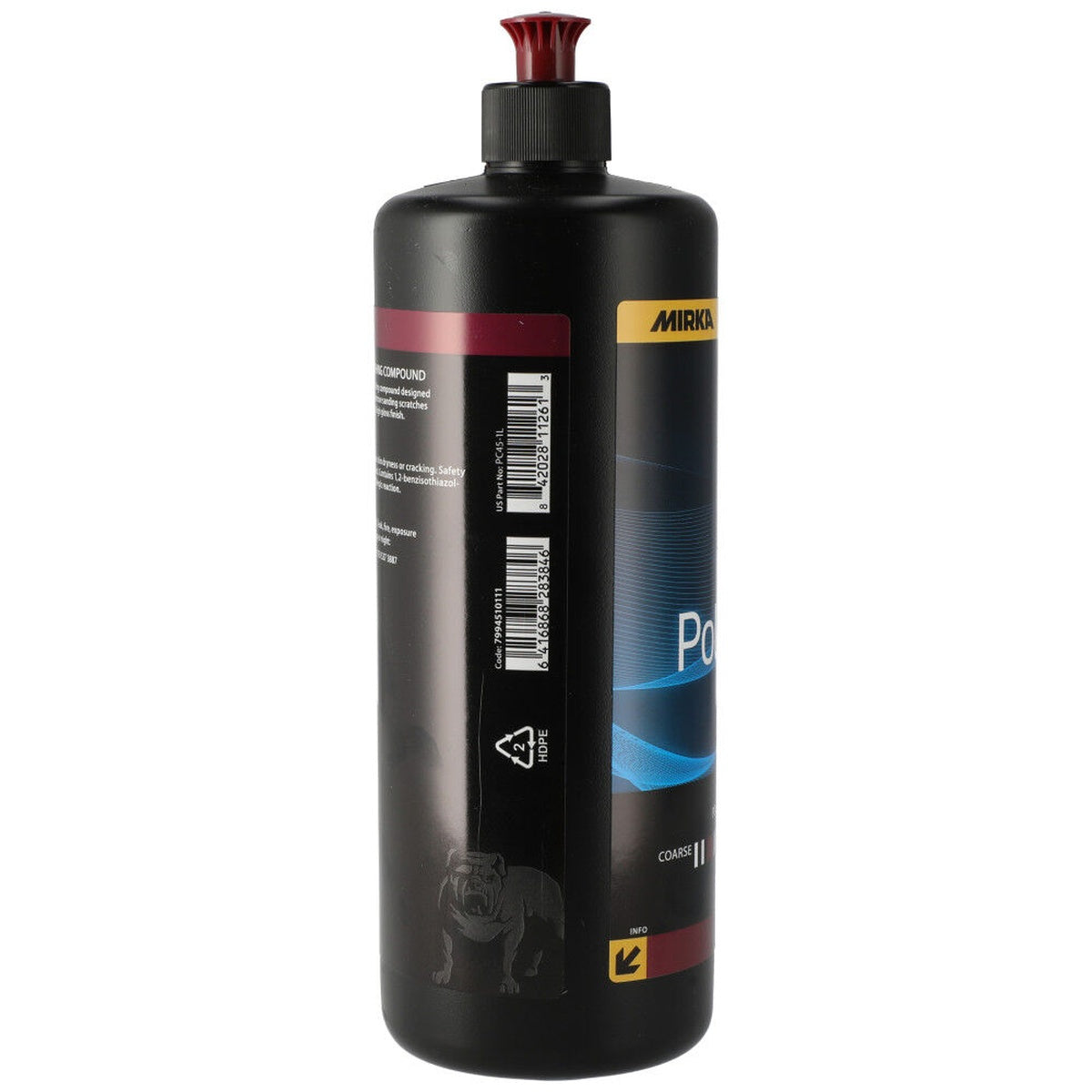 Side view of Mirka Polarshine 45 1 liter polishing compound bottle