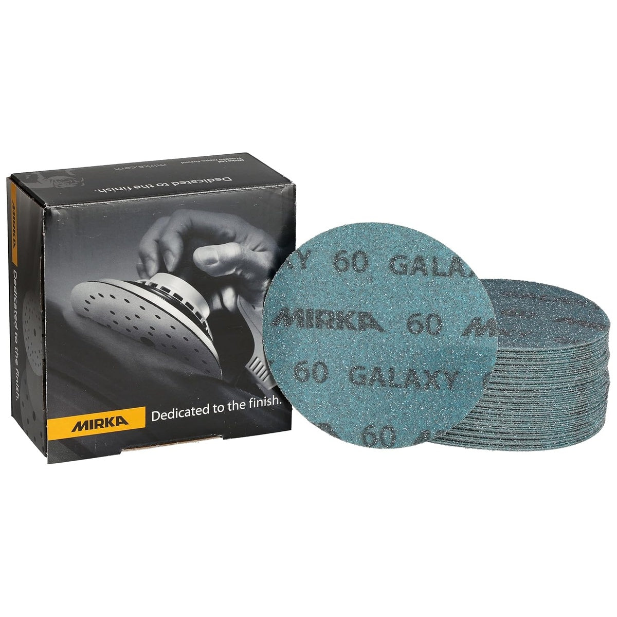 Mirka Galaxy 5-in. 60 grit hook and loop sanding discs with box and 50-pack stack