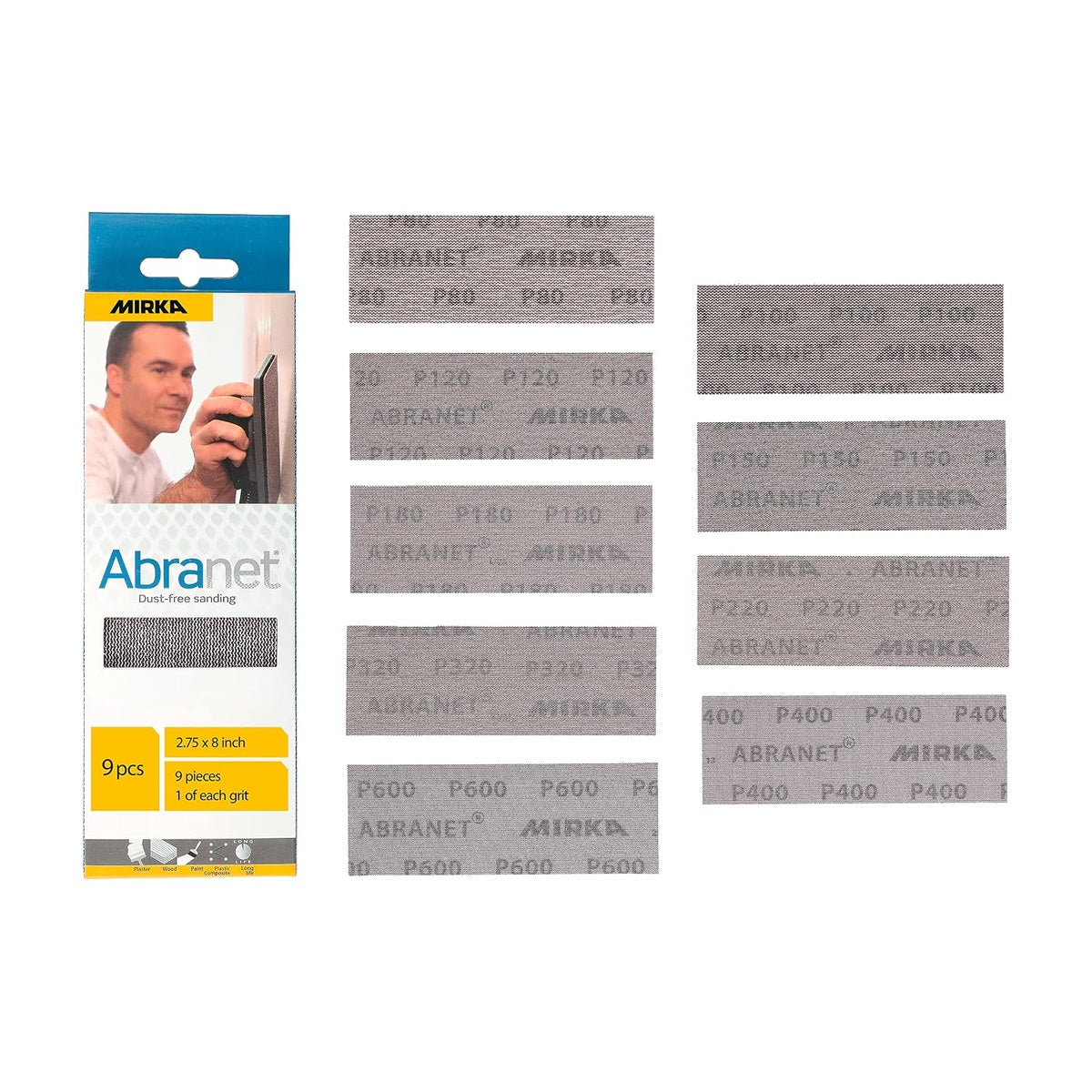 Mirka Abranet 2.75 x 8-inch assorted grit net sanding sheets 9-piece pack