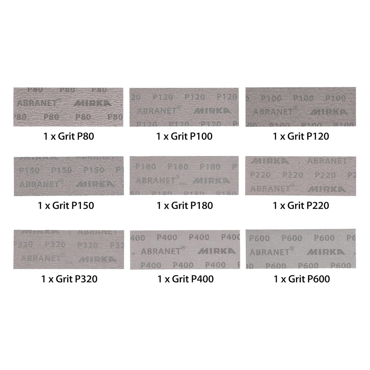Mirka Abranet assortment showing one sheet each in P80, P100, P120, P150, P180, P220, P320, P400, and P600