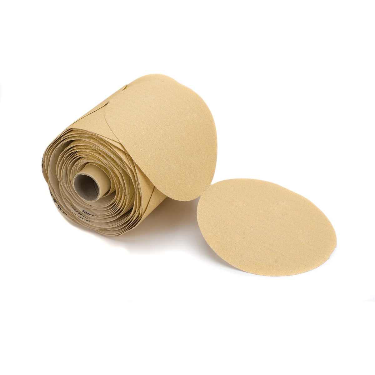 Roll of Mirka 5-inch 120 grit PSA sanding discs with two discs unrolled