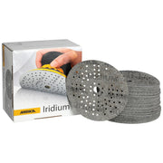 Mirka Iridium 5-in. 40 grit multi-hole hook and loop sanding discs with box and 50-pack stack