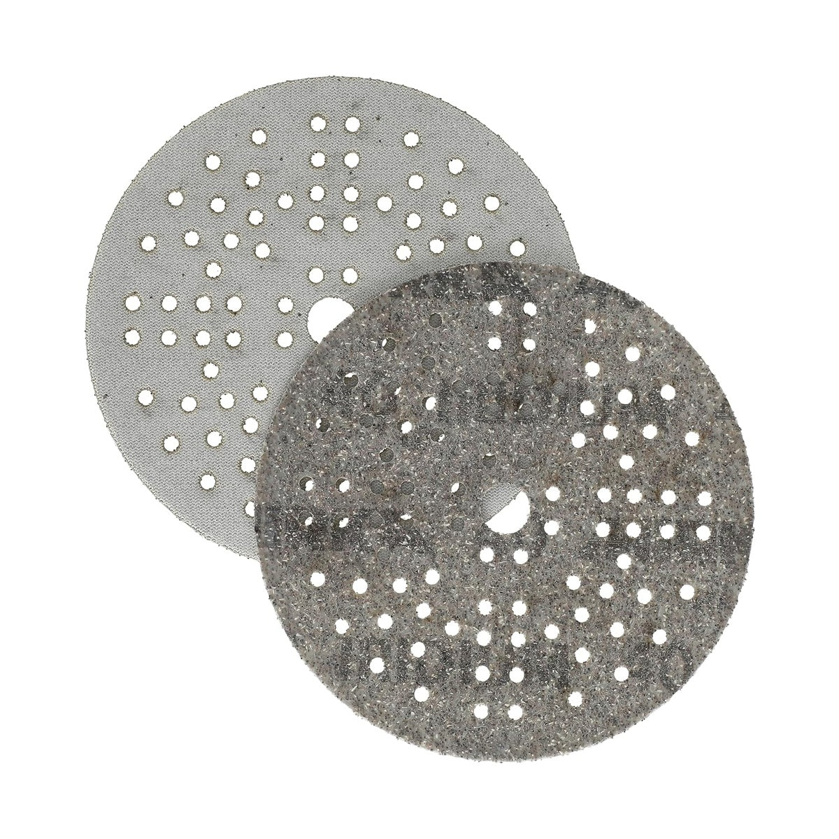 Front and back view of Mirka Iridium 5-in. multi-hole hook and loop sanding disc