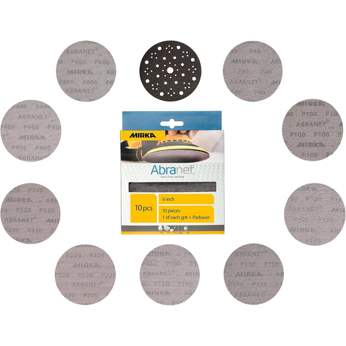 Mirka Abranet 6-in. P100 Hook and Loop Sanding Discs, 10-Pack Dust-Free Mesh Abrasive (9A-241-100RP)