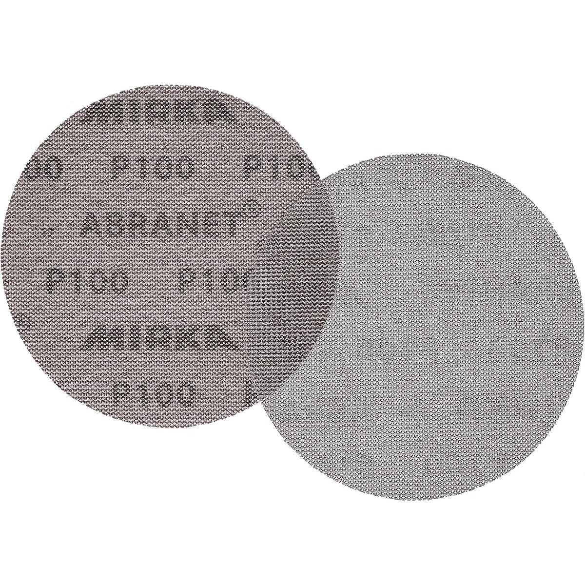 Mirka Abranet 6-inch P100 sanding discs showing both abrasive and backing sides