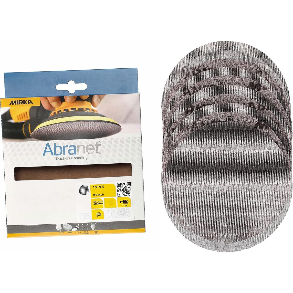 Mirka Abranet 6-in. P150 hook and loop sanding discs 10-pack in retail packaging