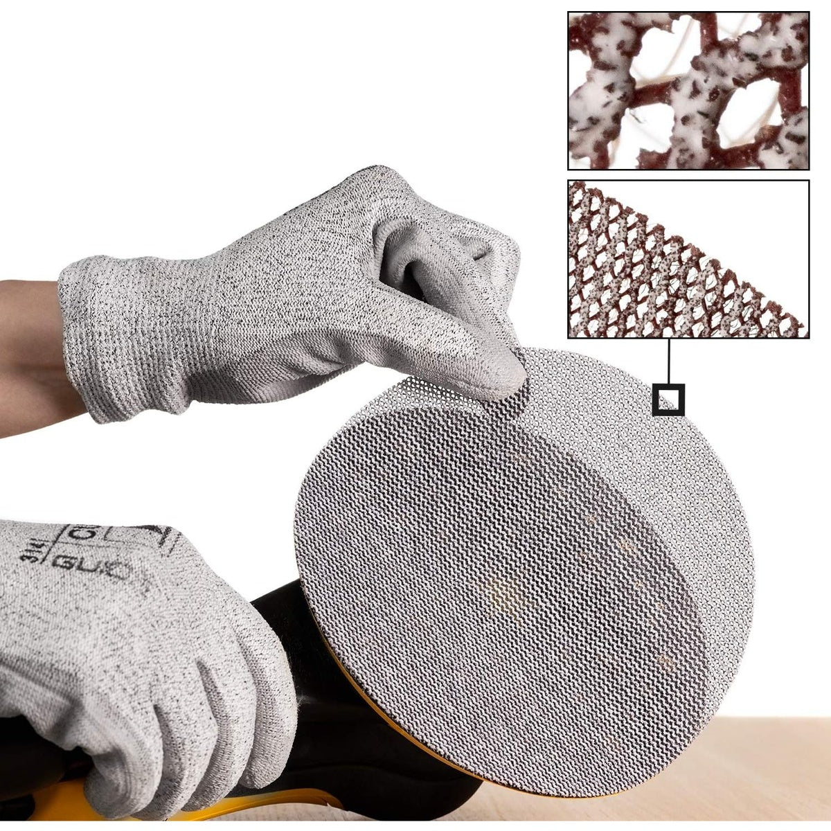 Mirka Abranet mesh sanding disc being applied to a random orbital sander pad