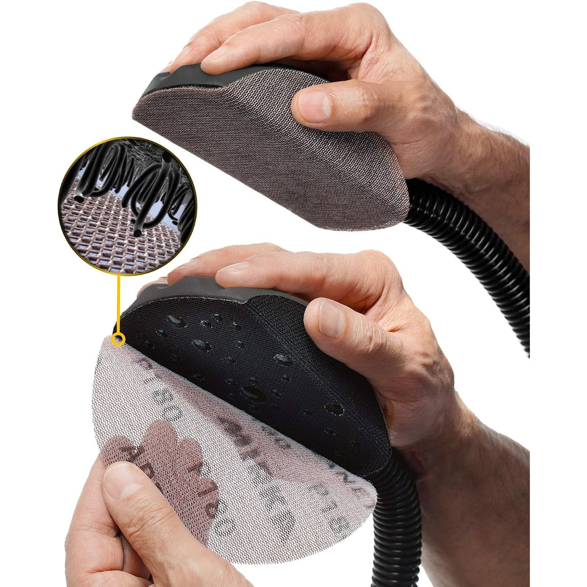 Mirka Abranet sanding disc attached to a hand sanding block with dust extraction
