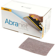 Mirka Abranet 3 x 4-in. 320 grit mesh sanding sheets 50-pack box with one dust-free sanding sheet shown