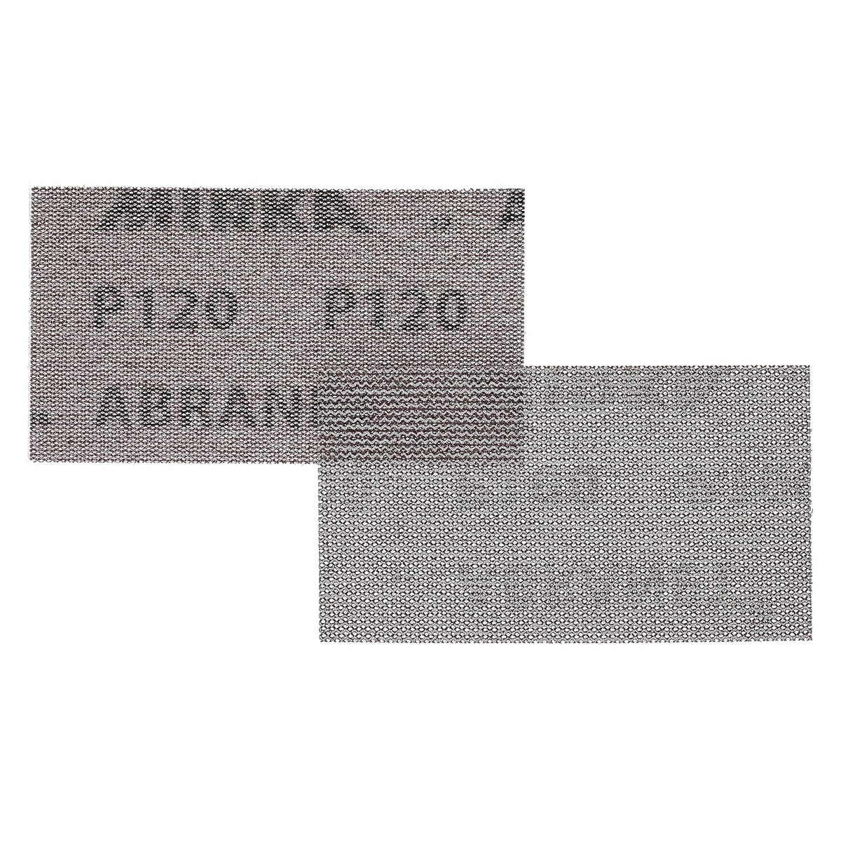 Front and back view of Mirka Abranet 120 grit hook-and-loop mesh sanding sheet