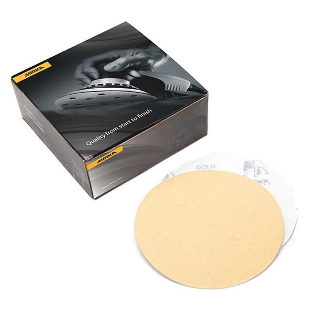 Mirka Gold 6-inch P220 hook and loop sanding disc with product box, no-hole aluminum oxide abrasive