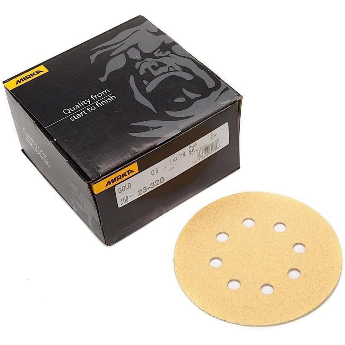 Mirka Gold 5-in. 8-hole 80 grit PSA sanding disc with 100-pack box