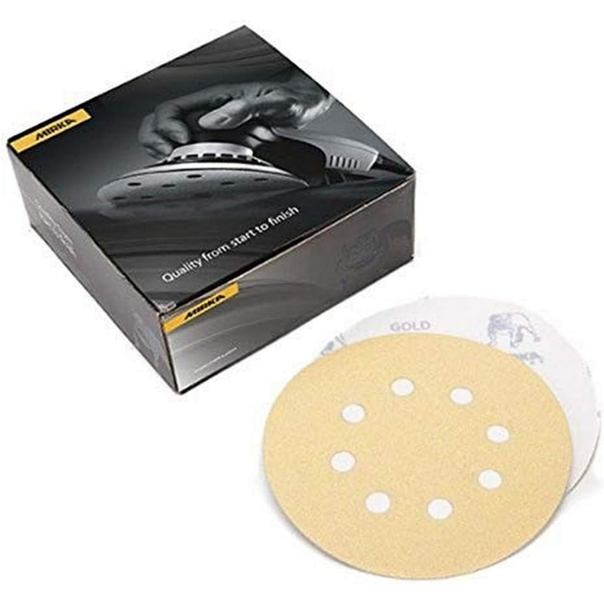 Mirka Gold 5-in. 8-hole PSA sanding discs shown with Mirka packaging