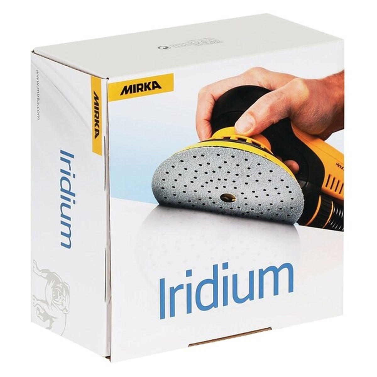 Mirka Iridium sanding discs box showing disc application on a sander