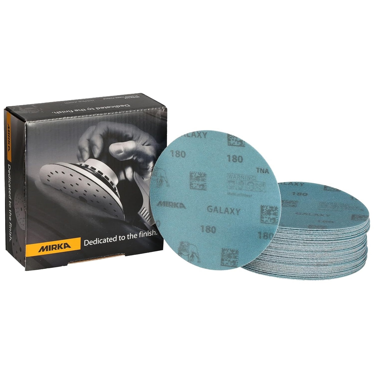 Mirka Galaxy 5-inch 180 grit sanding discs with box and stacked 50-pack