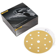 Mirka Gold 5-in. P80 aluminum oxide hook and loop sanding discs with box packaging