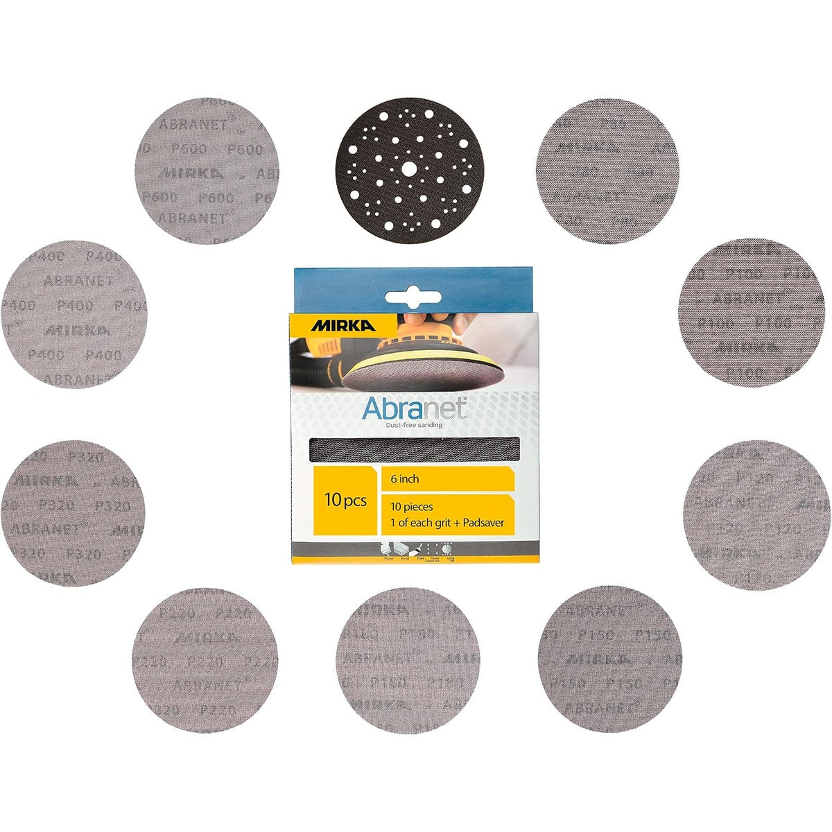 Mirka Abranet 6-inch assortment pack with 9 mesh sanding discs and 1 pad saver